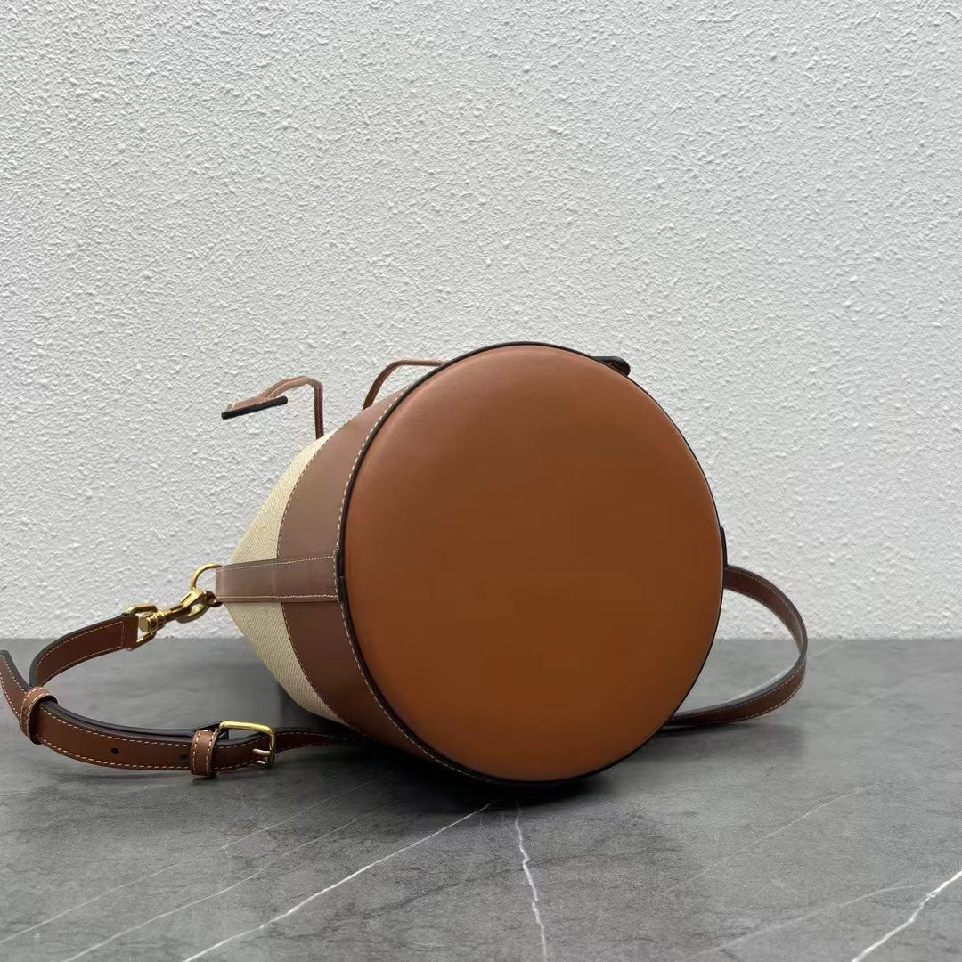 Small Drawstring Cabas Marin Bag Beige Brown Calfskin Textile