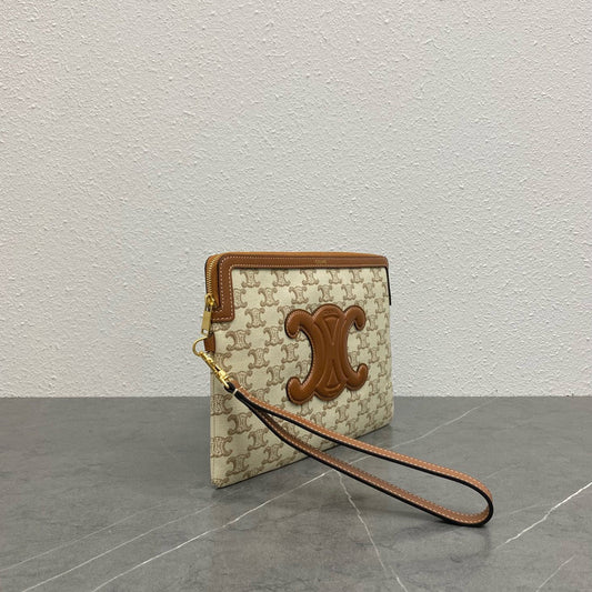 small pouch with strap 24cm beige textile tan calfskin