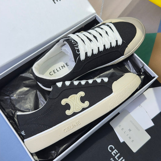 Celine 26s Lace-Up Sneakers In Black Canvas