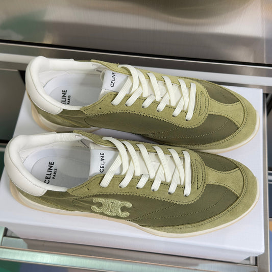 Celine 26s Racer Sneakers In Moss Green Fabric And Suede