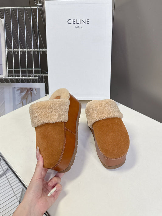 Celine 26s Wedge Mules In Orange Brown Suede And Beige Wool