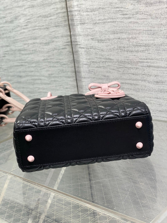 Dior 2026 Bow Lady Dior 20cm Black Pink Cannage Lambskin 289164