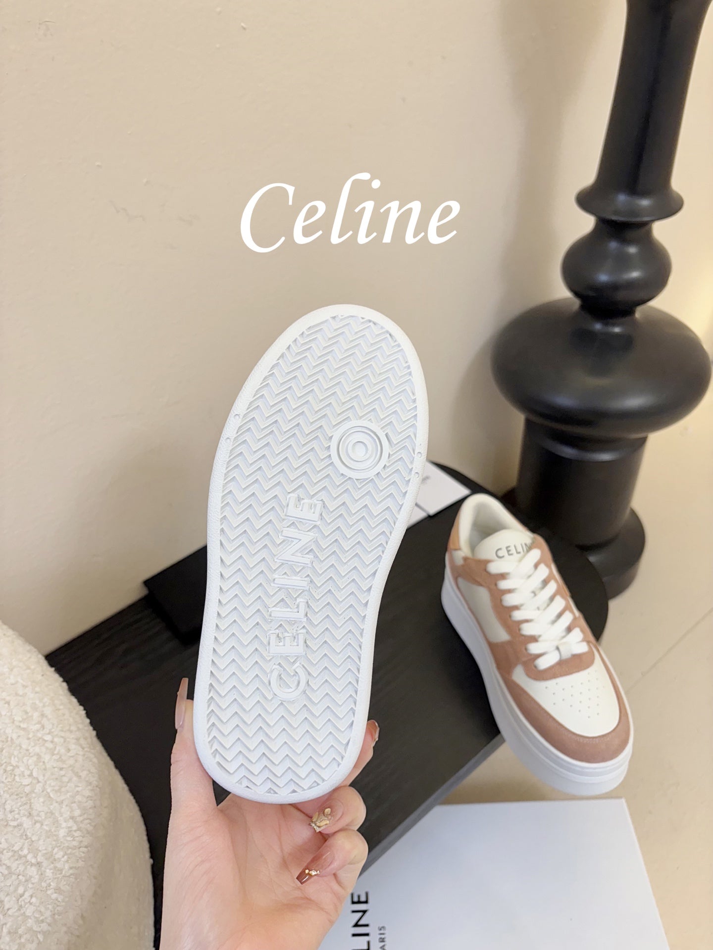 Celine Block Wedge Sneaker White Tan Suede Calfskin 606413