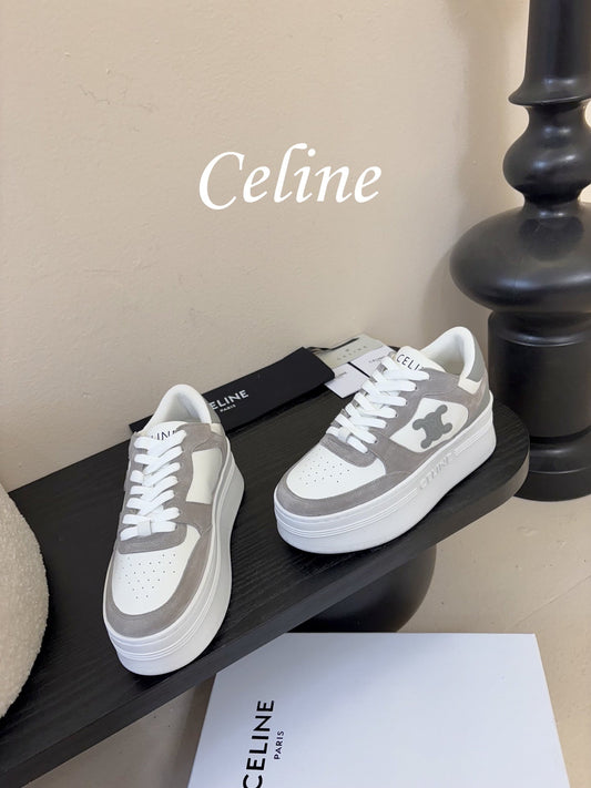 Celine Block Wedge Sneaker White Grey Suede Calfskin 606414