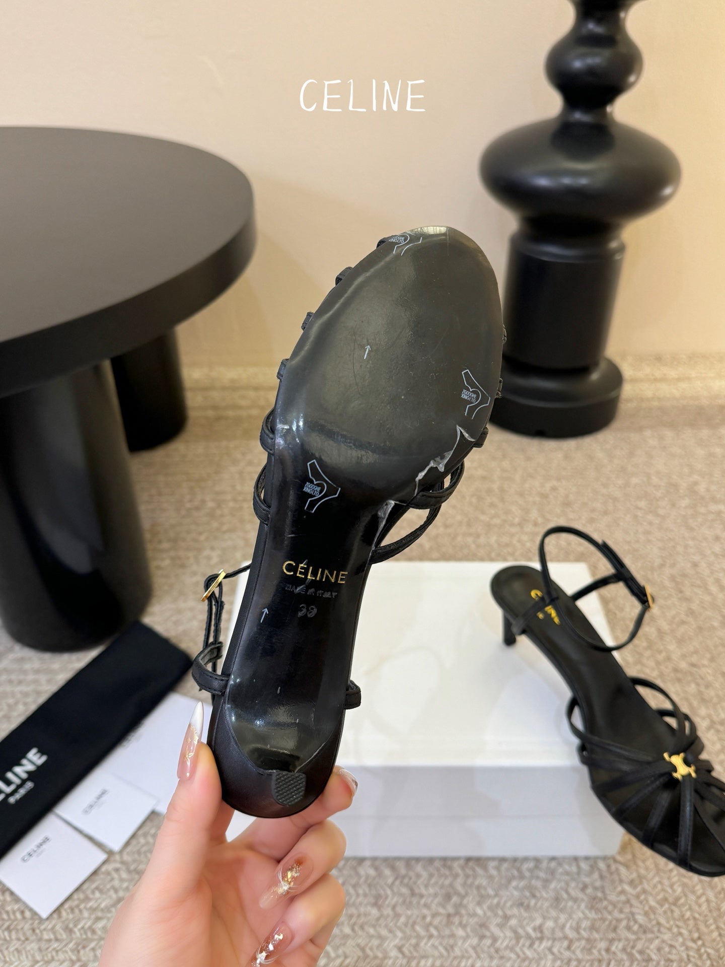 Celine Triomphe Sandal 6.5cm Black Lambskin 835889
