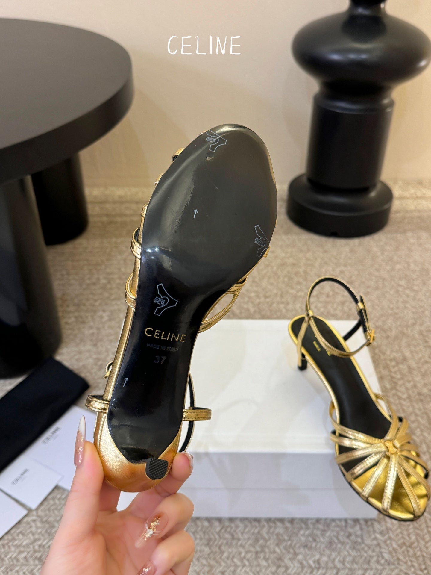 Celine Triomphe Sandal 6.5cm Gold Laminated Lambskin 835896