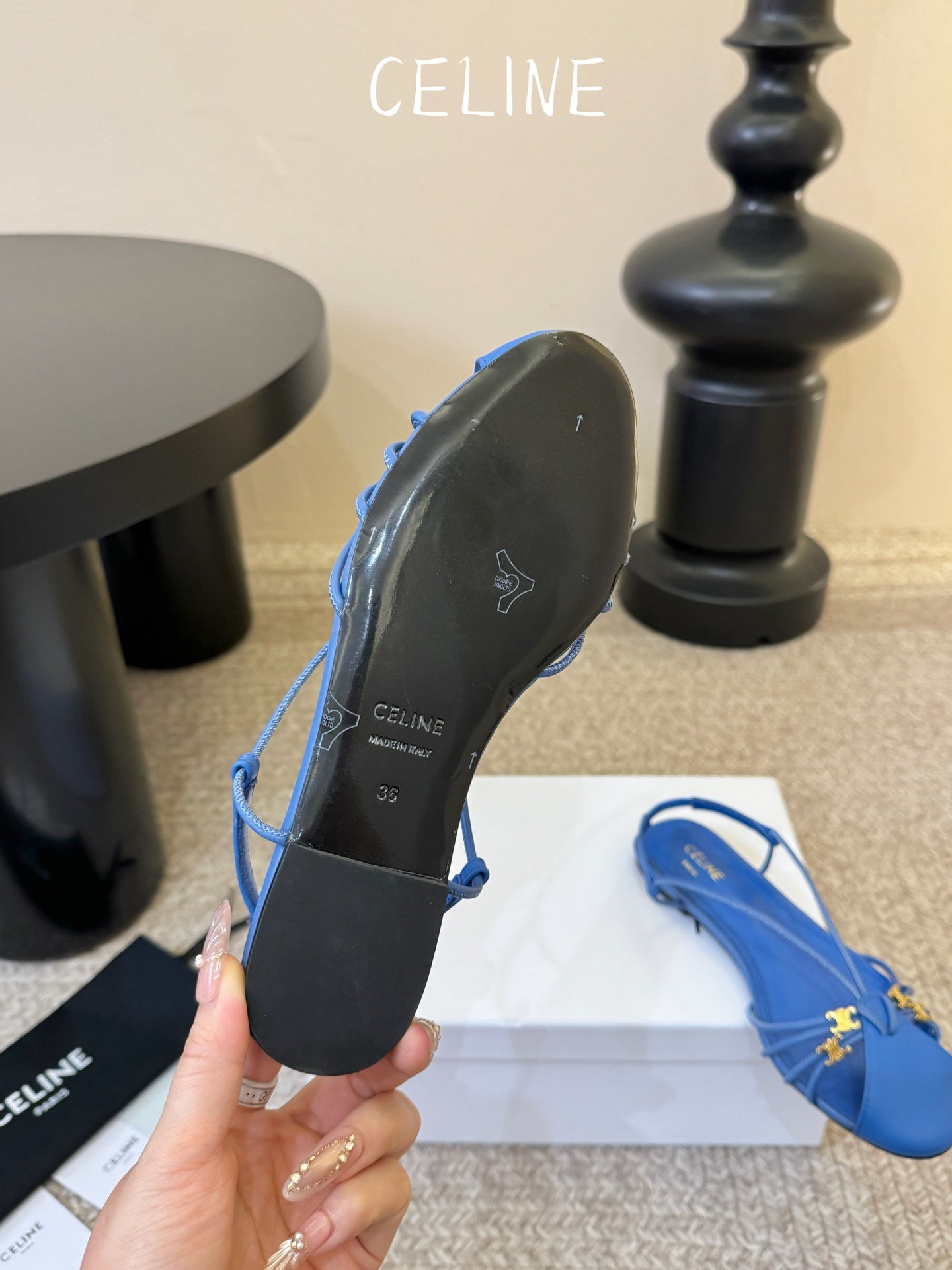 Celine Triomphe Strappy Flat Sandals Blue Lambskin 934181