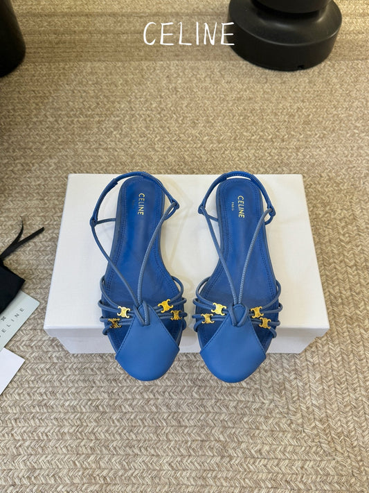 Celine Triomphe Strappy Flat Sandals Blue Lambskin 934181