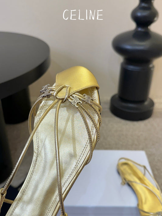 Celine Triomphe Strappy Flat Sandals Light Gold Lambskin 934183