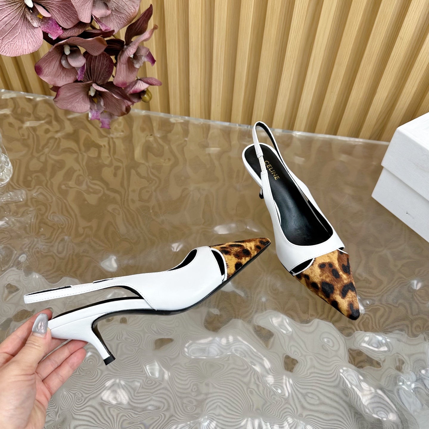 CL Judy Cap Toe Skingback 60mm In White Calfskin And Leopard Printed Hairy Calfskin 313781