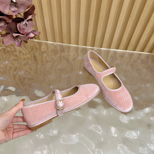 Celine 26s Mary Jane Flats In Pink Velvet