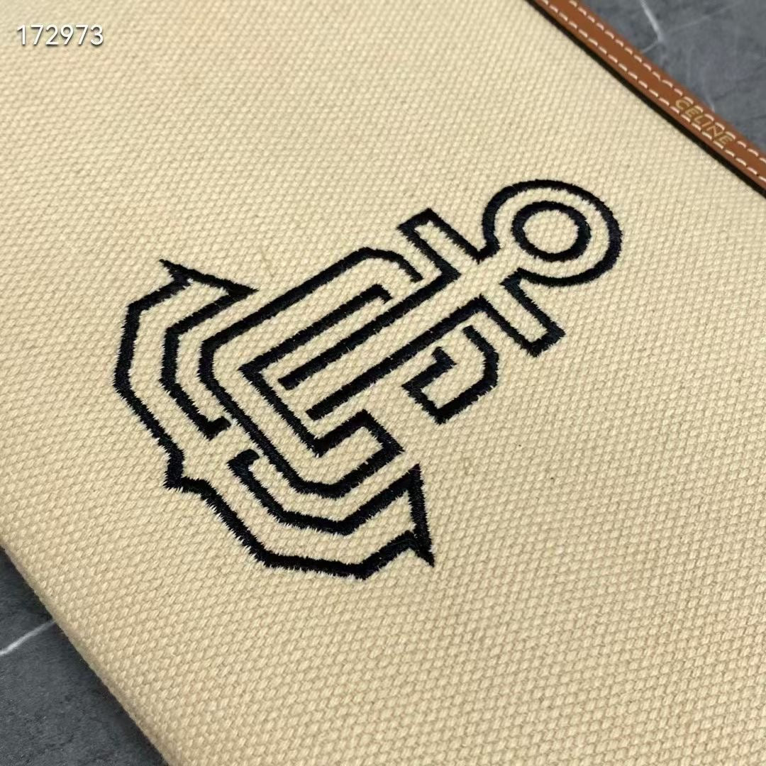 Celine Small Pouch with Anchor Embroidery Beige Brown Calfskin Textile