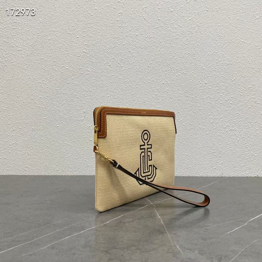Celine Small Pouch with Anchor Embroidery Beige Brown Calfskin Textile