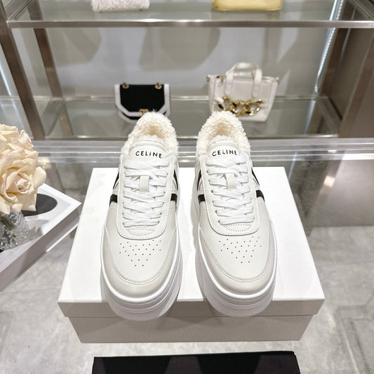 Celine Block Triomphe Leather Wedge Sneakers 50mm Black White Calfskin Fur