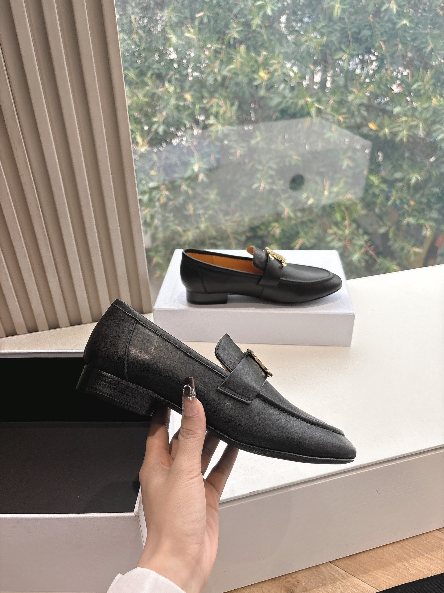 CELINE Buckle Triomphe Loafers Black Leather 285958