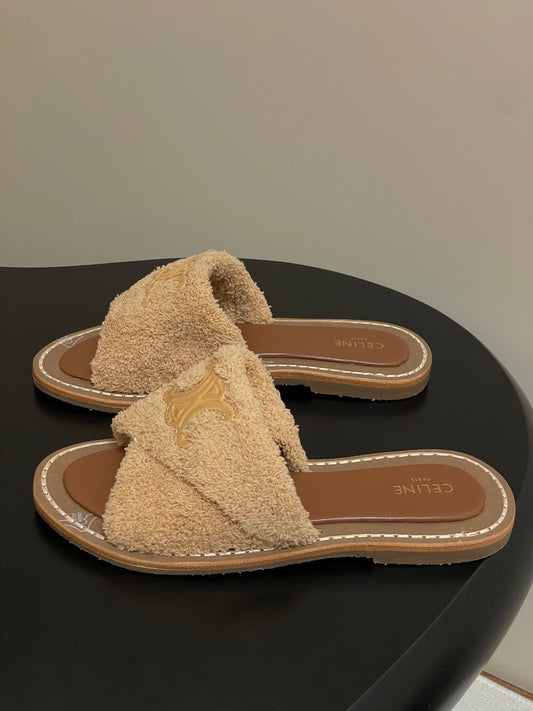 CL 25s Lympia Twisted Sandal Beige Brown Sheepskin Plush Cloth 416656