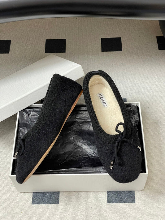 Celine 26s Ballet Flats In Black Wool With Bow Style 1