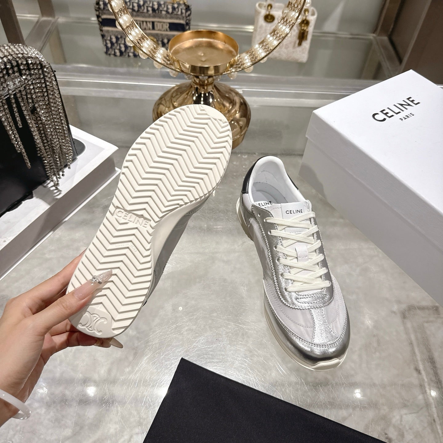 Celine Racer Sneaker Sliver Lambskin Lace 679825