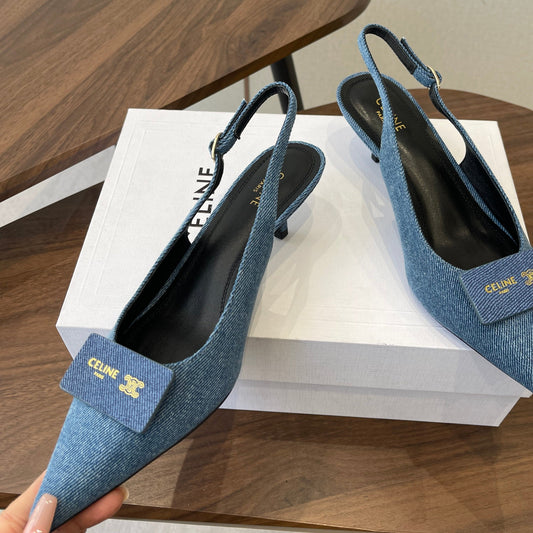 Celine 26 Pointed-Toe Slingback Blue Denim 624685