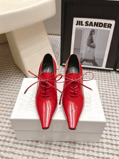 Celine 26 Square Toe Lace-up Oxford Heels 85 Red in Lambskin 813302