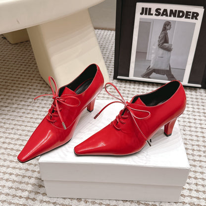 Celine 26 Square Toe Lace-up Oxford Heels 85 Red in Lambskin 813302
