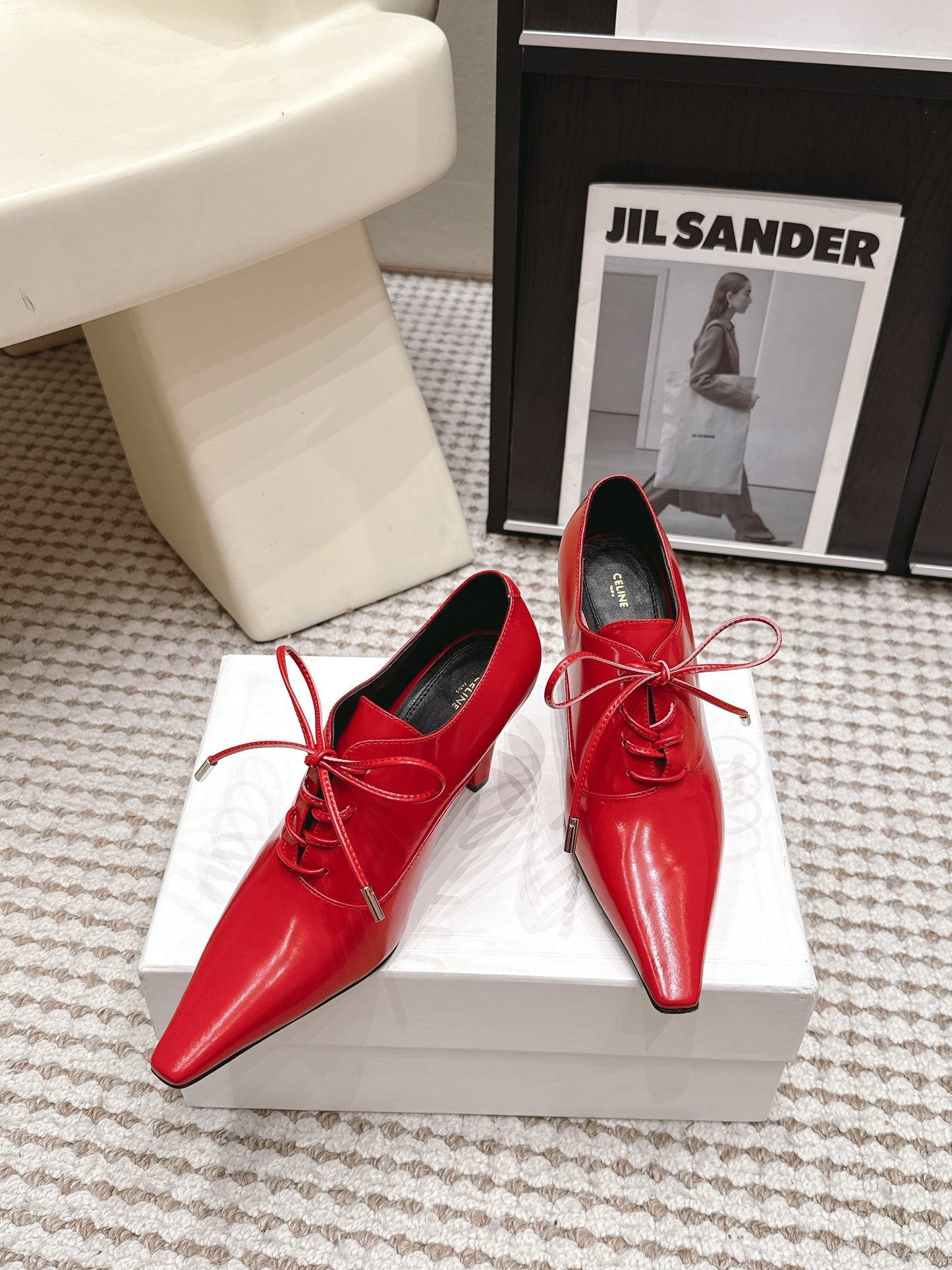 Celine 26 Square Toe Lace-up Oxford Heels 85 Red in Lambskin 813302