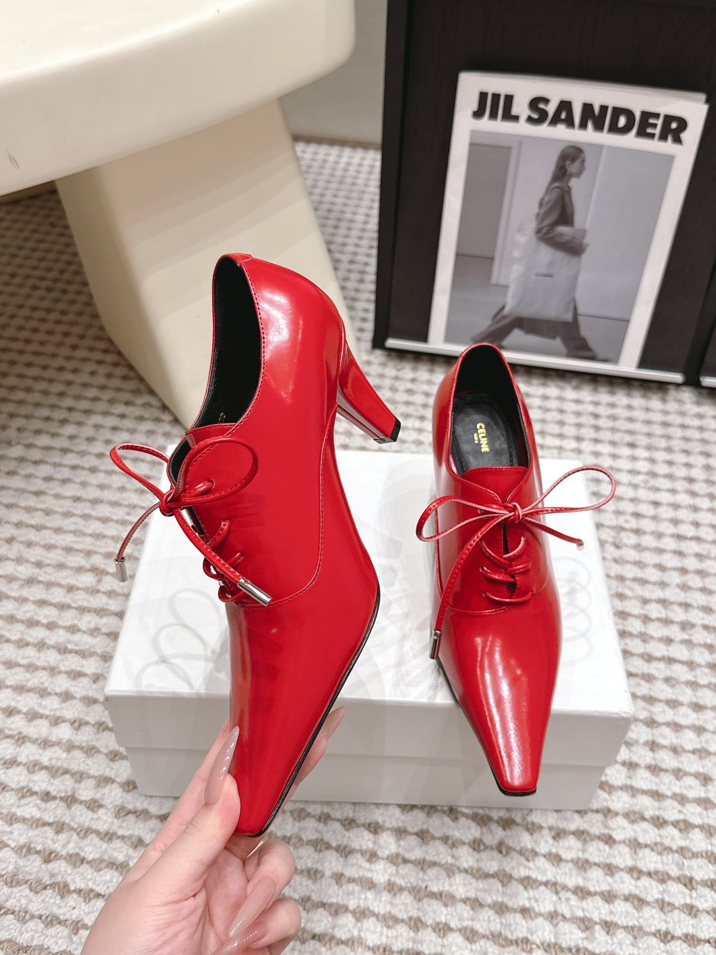 Celine 26 Square Toe Lace-up Oxford Heels 85 Red in Lambskin 813302