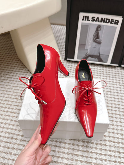 Celine 26 Square Toe Lace-up Oxford Heels 85 Red in Lambskin 813302