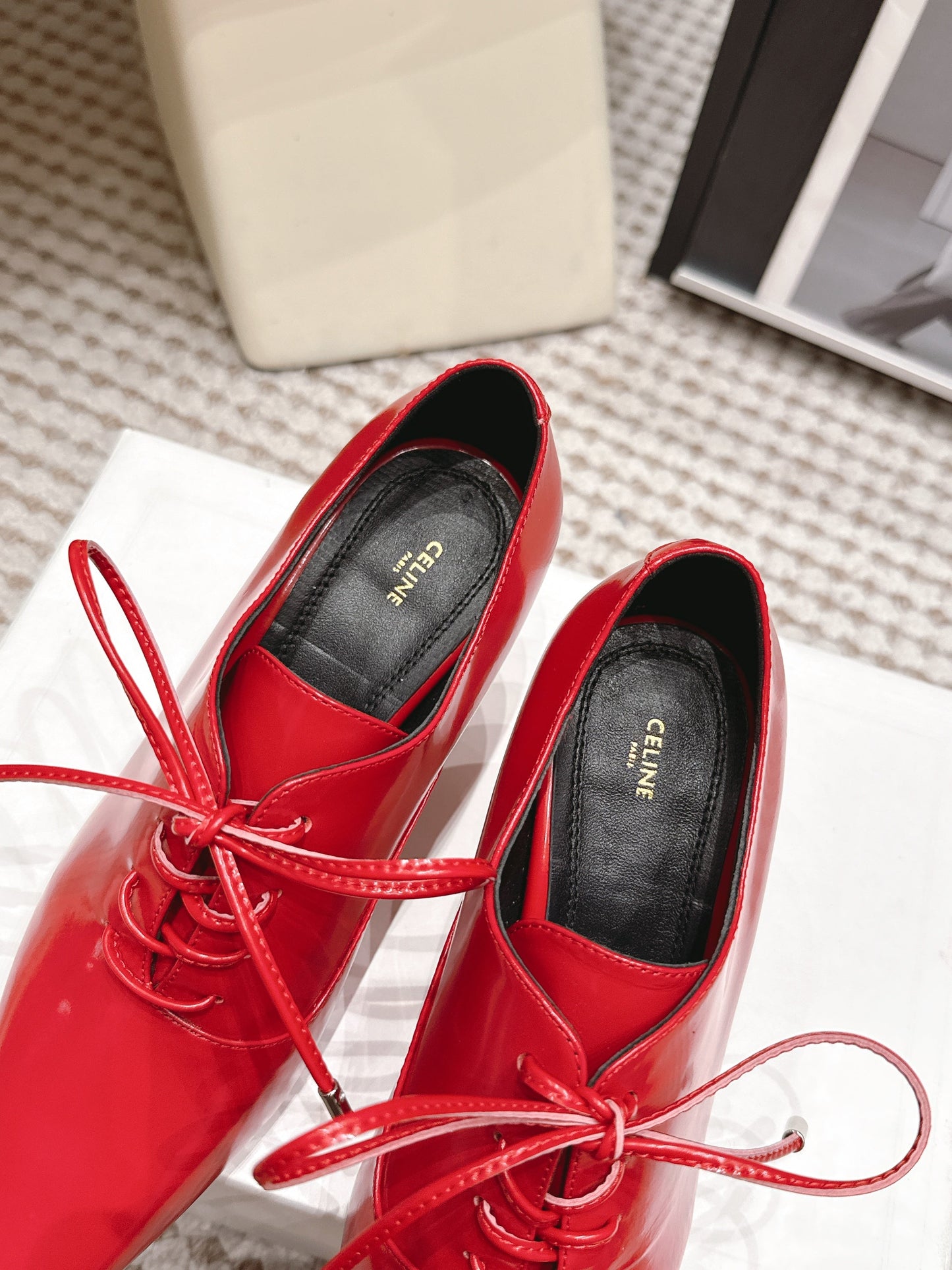 Celine 26 Square Toe Lace-up Oxford Heels 85 Red in Lambskin 813302