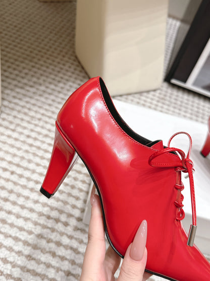 Celine 26 Square Toe Lace-up Oxford Heels 85 Red in Lambskin 813302