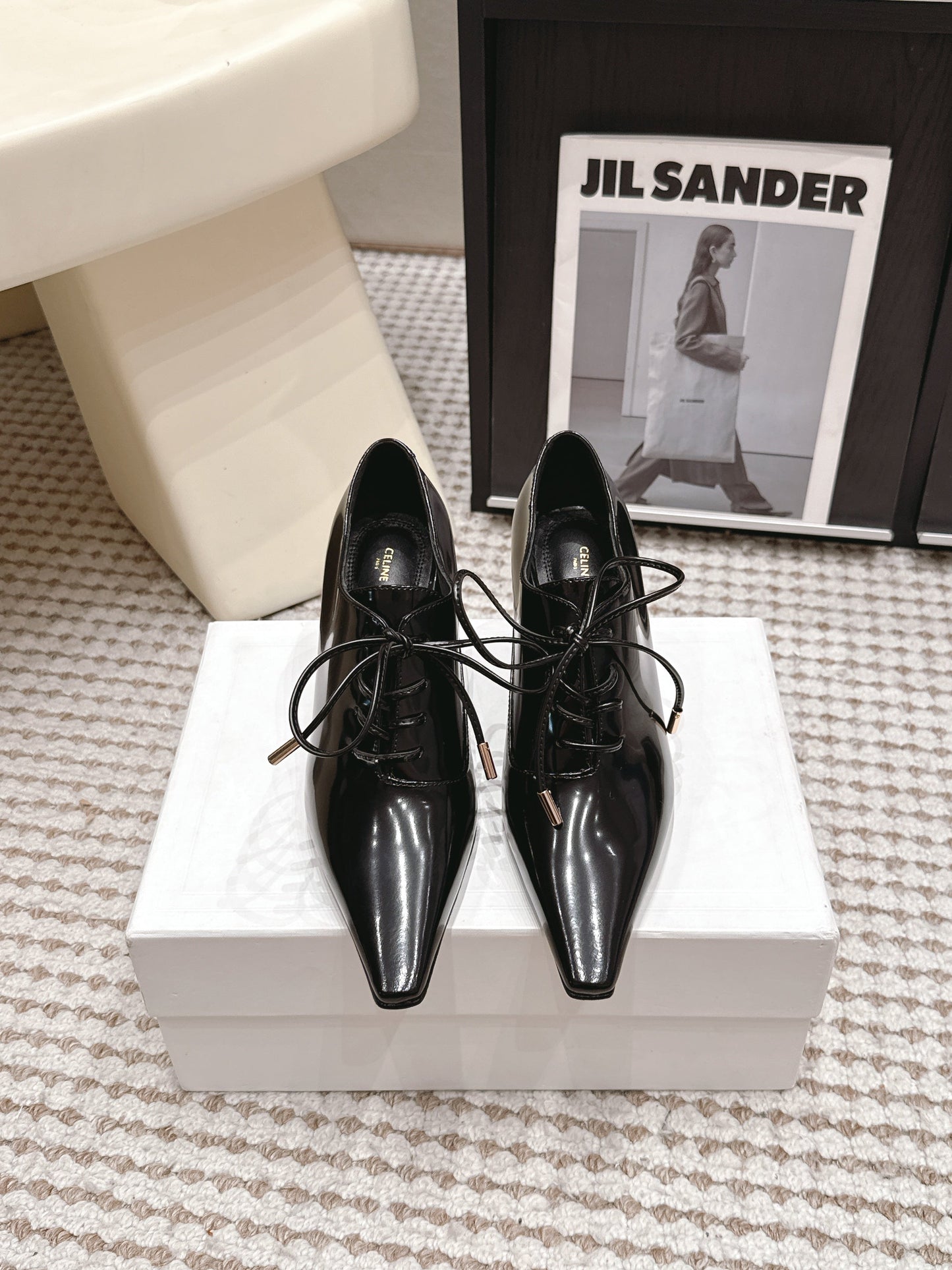 Celine 26 Square Toe Lace-up Oxford Heels 85 Black in Lambskin 813303