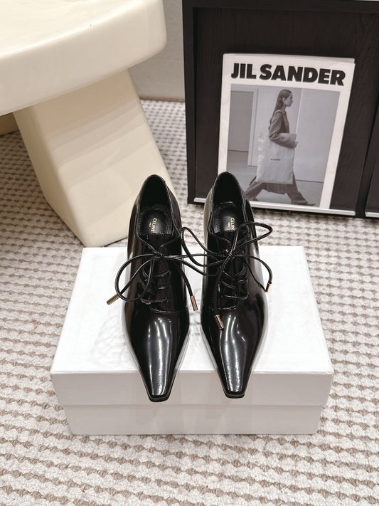 Celine 26 Square Toe Lace-up Oxford Heels 85 Black in Lambskin 813303