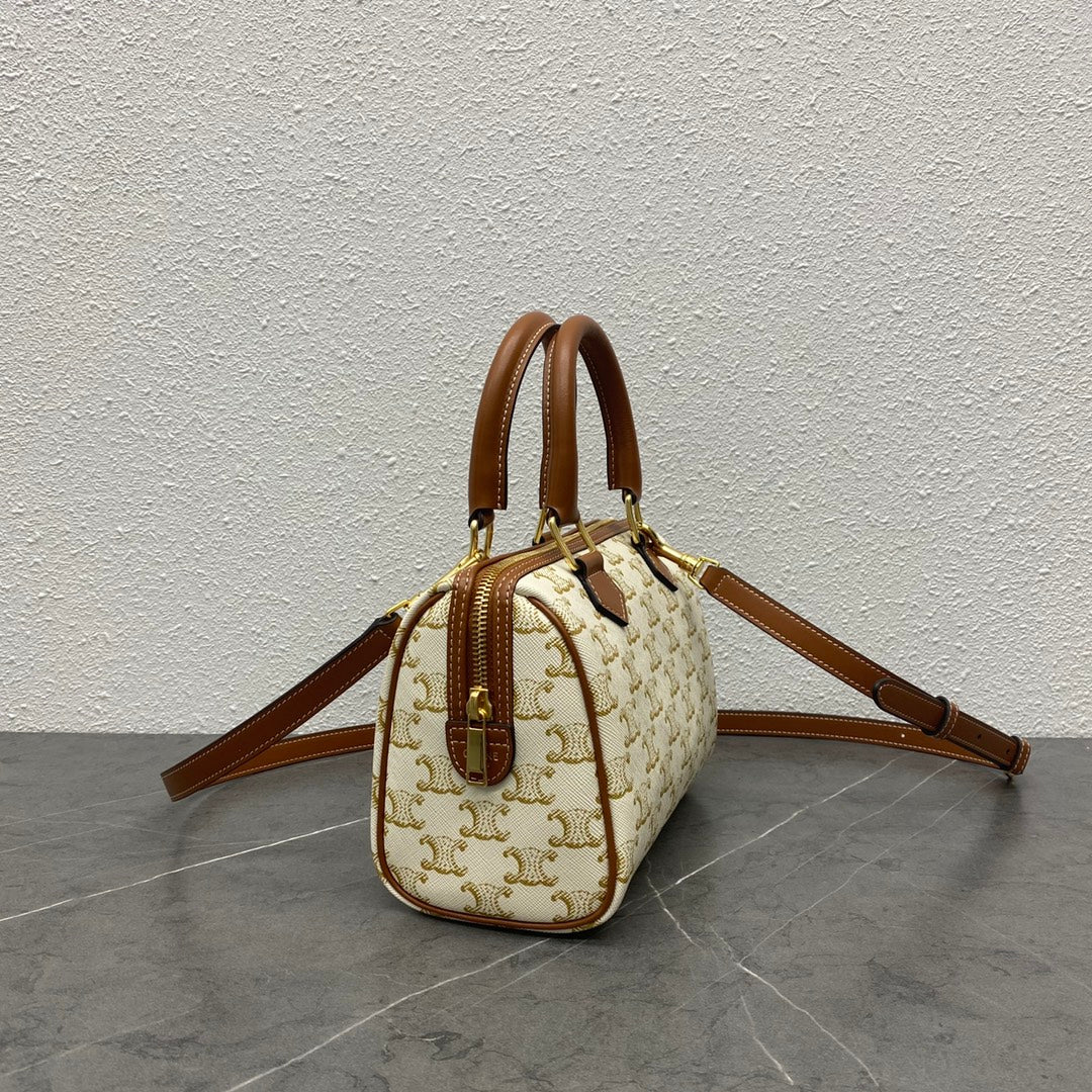 Celine Small Boston Bag Triomphe Beige Brown Canvas & Calfskin