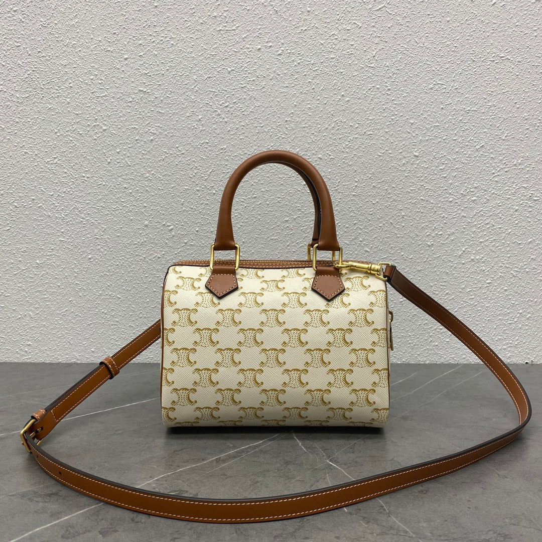 Celine Small Boston Bag Triomphe Beige Brown Canvas & Calfskin