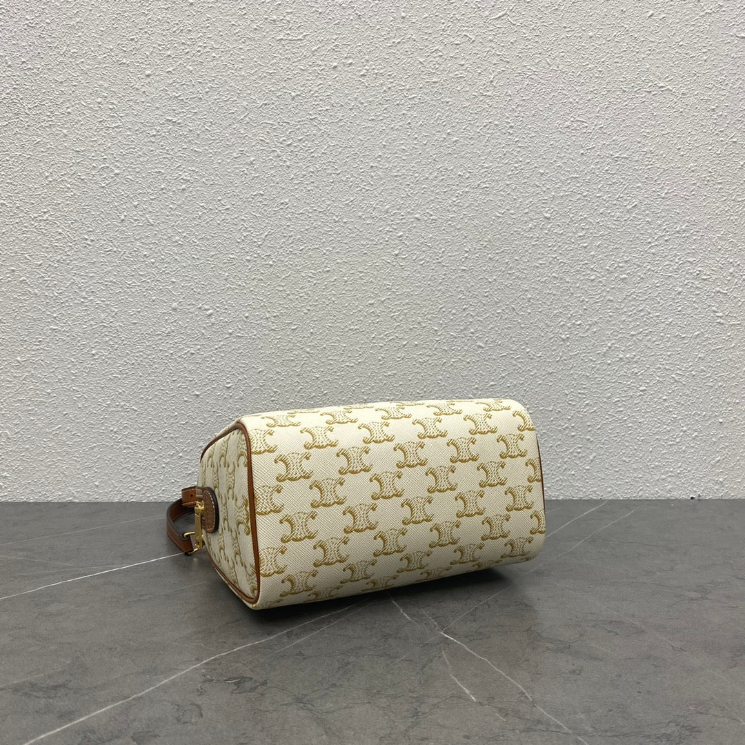Celine Small Boston Bag Triomphe Beige Brown Canvas & Calfskin