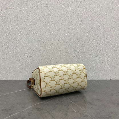 Celine Small Boston Bag Triomphe Beige Brown Canvas & Calfskin
