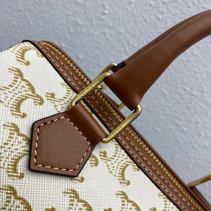 Celine Small Boston Bag Triomphe Beige Brown Canvas & Calfskin