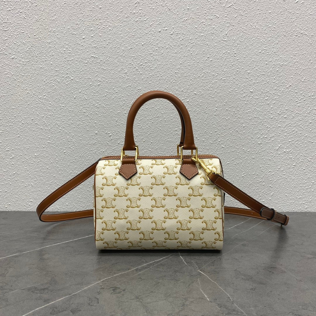Celine Small Boston Bag Triomphe Beige Brown Canvas & Calfskin