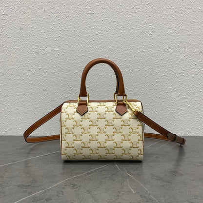 Celine Small Boston Bag Triomphe Beige Brown Canvas & Calfskin