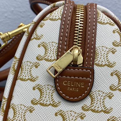 Celine Small Boston Bag Triomphe Beige Brown Canvas & Calfskin