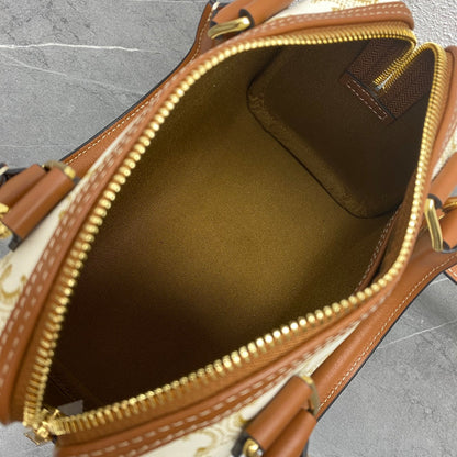 Celine Small Boston Bag Triomphe Beige Brown Canvas & Calfskin