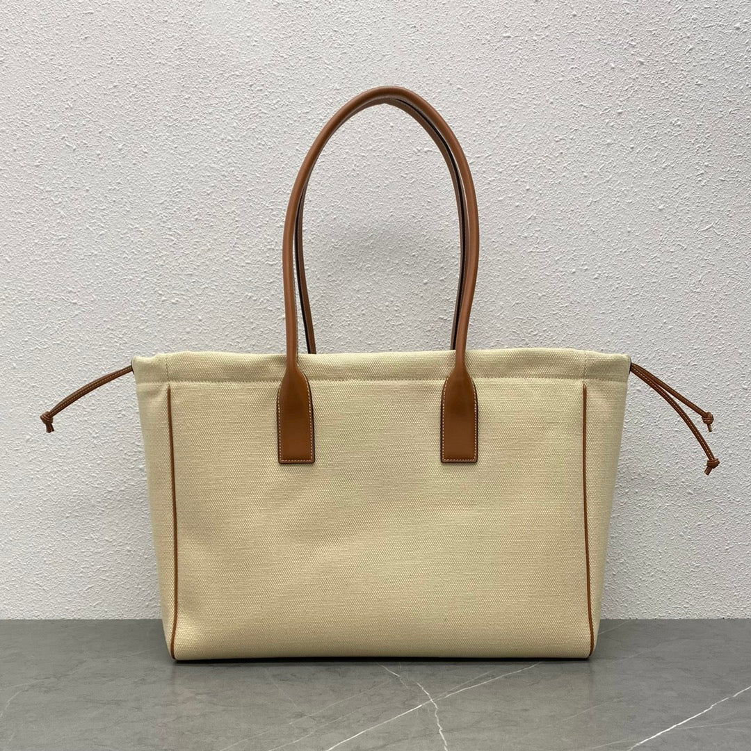 Celine Drawstring Cabas Bag Beige Brown Calfskin Textile