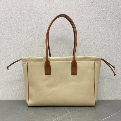 Celine Drawstring Cabas Bag Beige Brown Calfskin Textile