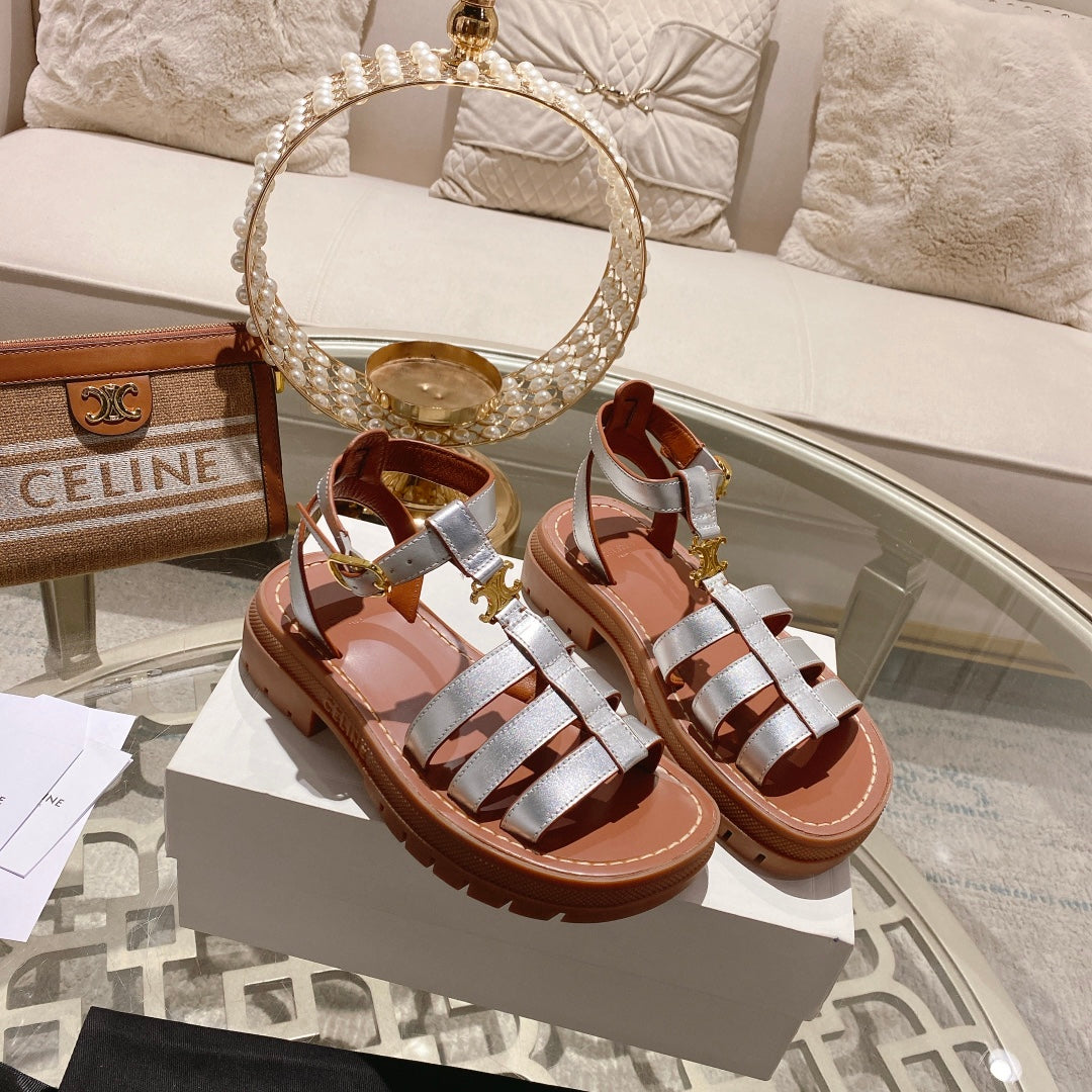 CL Clea Triomphe Gladiator Sandal 40mm Silver Metallic Mix Tan Calfskin 600367