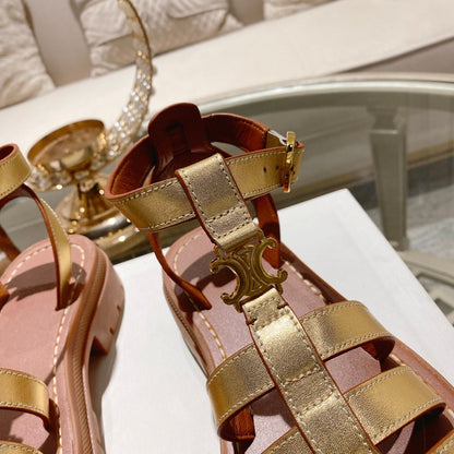 CL Clea Triomphe Gladiator Sandal 40mm Gold Metallic Mix Tan Calfskin 600369