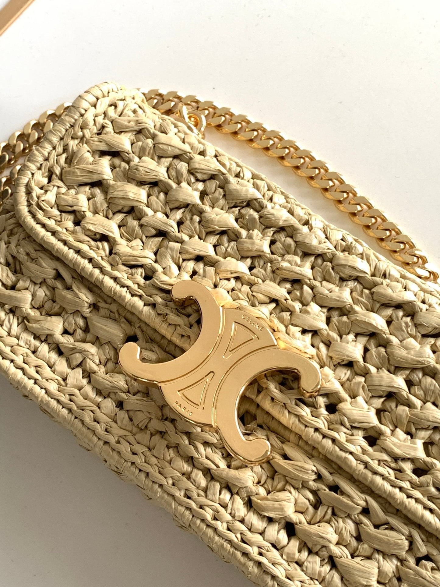 Celine Triomphe 20cm Light Beige Raffia Gold Hardware