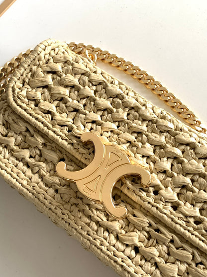 Celine Triomphe 20cm Light Beige Raffia Gold Hardware