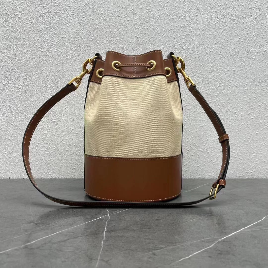 Small Drawstring Cabas Marin Bag Beige Brown Calfskin Textile