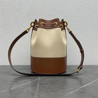 Small Drawstring Cabas Marin Bag Beige Brown Calfskin Textile