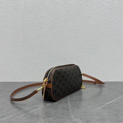 Celine Mini Camera Shoulder Bag Triomphe Black Brown Canvas & Calfskin